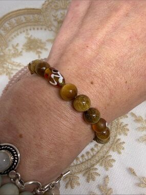 Natural Dream Tiger’s Eye & Vintage Lampwork Stretch Bracelet – Handmade Artisan